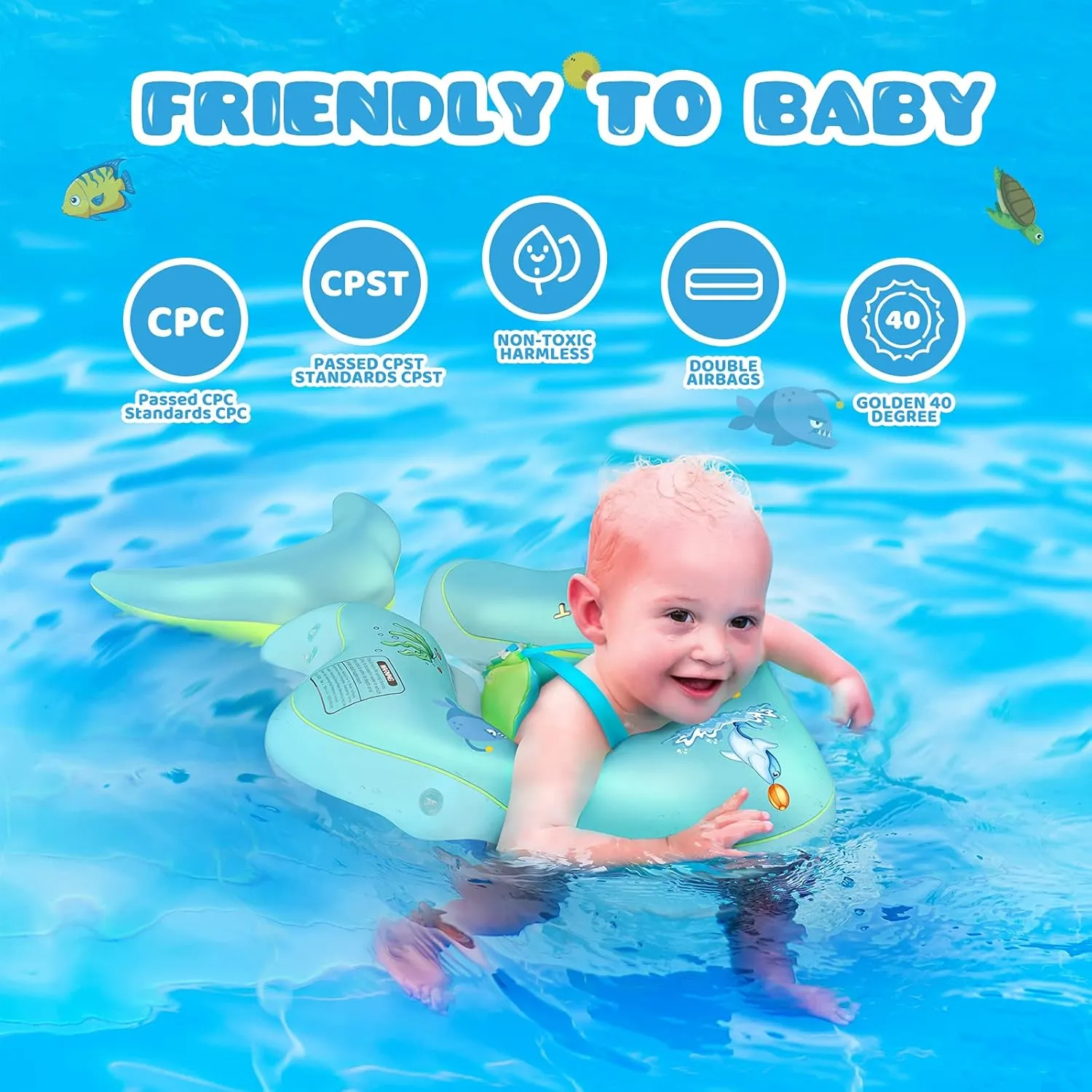 No Flip Over Baby Pool Float with Canopy UPF50  Sun Protection, Inflatable Baby Float with Sponge Safety Support Bottom, Fun Gifts Water Toys Accessories Baby Swim Floats for Pool 3-36 Months