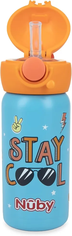 Nuby Thirsty Kids No Spill Flip-It Active Stainless Steel Travel Cup, 14 Oz, Stay Cool Print