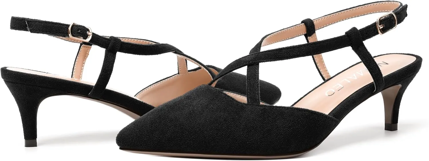 NUMALEO Womens Wedding Pointed Toe Suede Comfortable Buckle Slingback Dress Kitten Low Heel Pumps Shoes 2 Inch