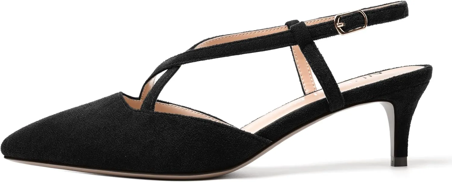 NUMALEO Womens Wedding Pointed Toe Suede Comfortable Buckle Slingback Dress Kitten Low Heel Pumps Shoes 2 Inch