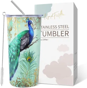 NymphFable 20oz Peacock Mug Tumbler with Straw and Lid Stainless Steel Insulated Travel Mug Double Wall