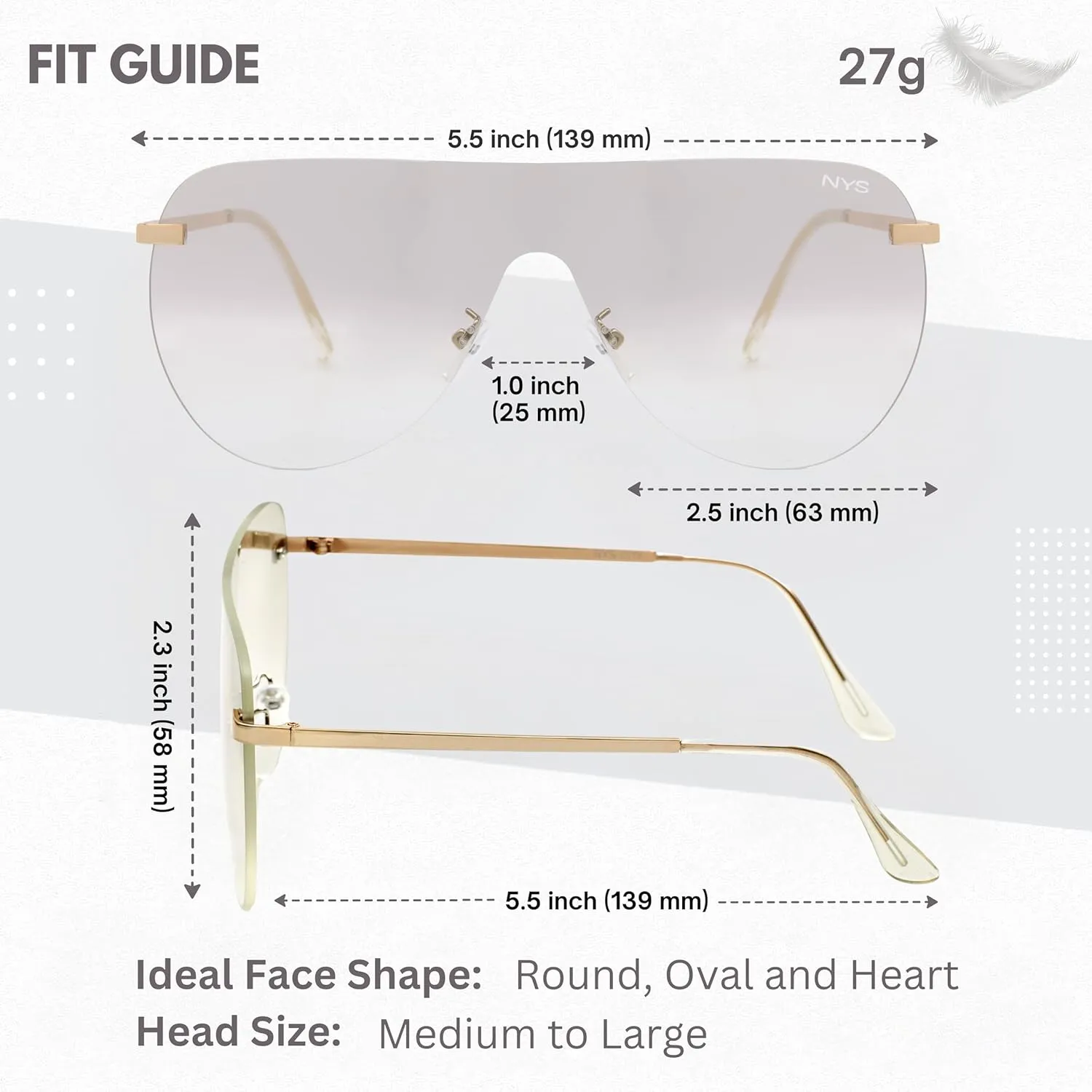 NYS Collection Rimless Oversized Flat Top Shield Sunglasses for Men Women – Aviator Style, 100% UV400 Protection