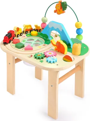 oathx Activity Table for 1 Year Old Toddler, 9-in-1 Multi-Colorful Wooden Montessori Toys, Baby Play Table with Bead Maze Shape Sorter Train Toy, Educational Gifts for 12 Months  Kids Boys Girls