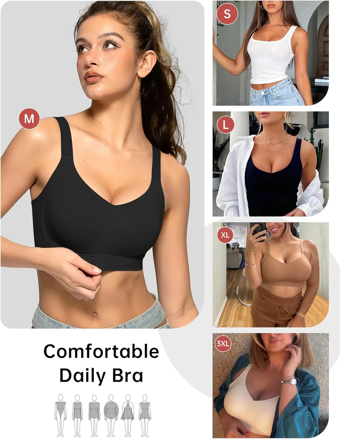 OEAK Womens Seamless Push Up Bras No Underwire Full Coverage Comfortable Bra V Neck Bralettes Wireless Everyday Bra