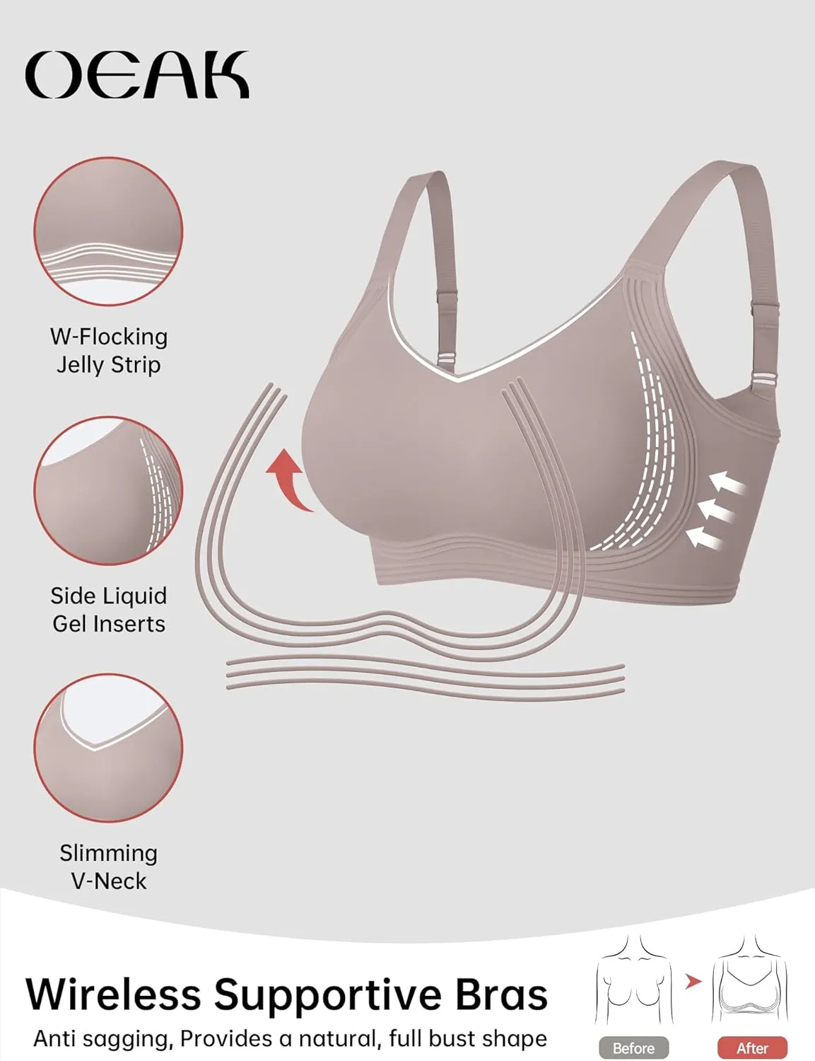 OEAK Womens Seamless Push Up Bras No Underwire Full Coverage Comfortable Bra V Neck Bralettes Wireless Everyday Bra
