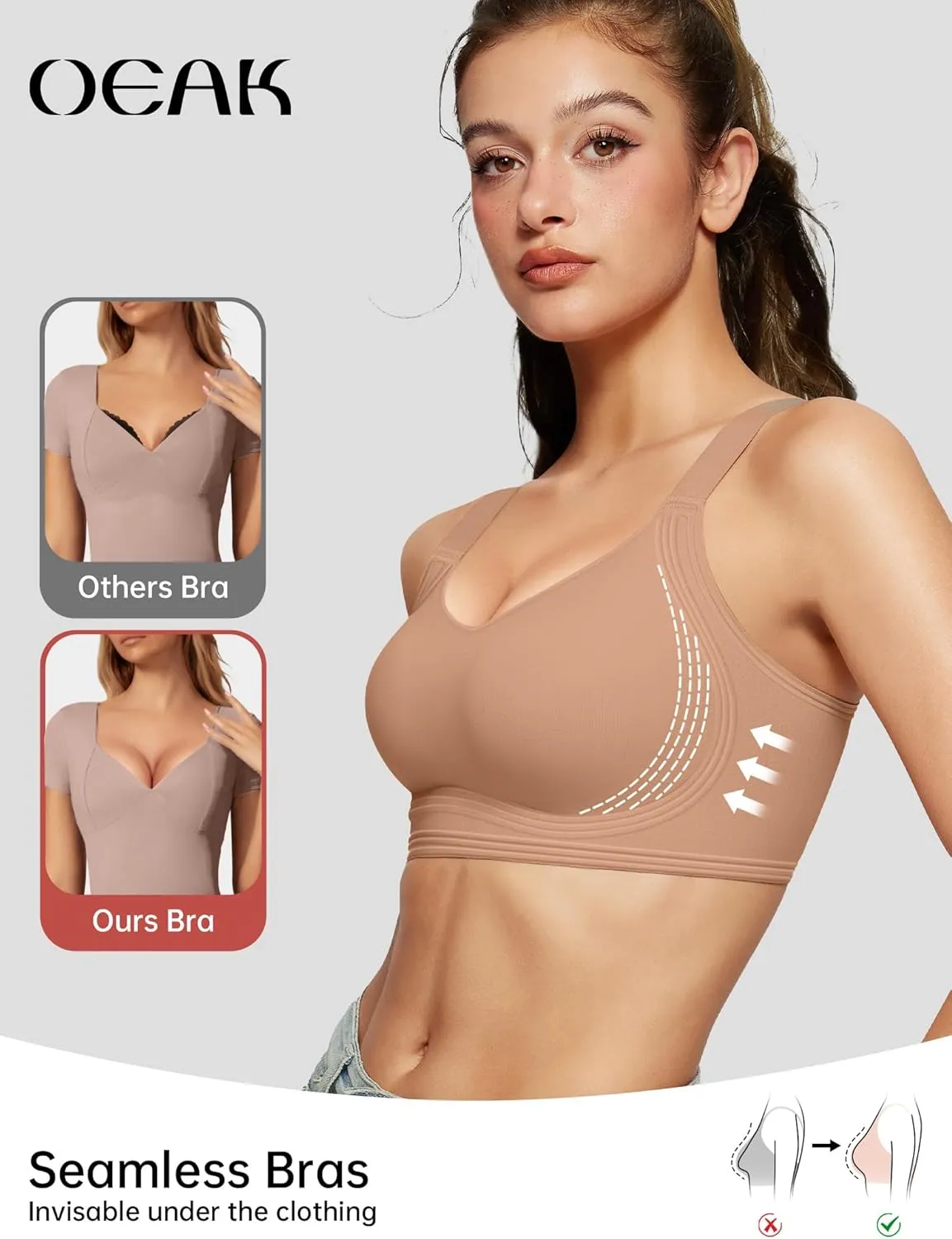 OEAK Womens Seamless Push Up Bras No Underwire Full Coverage Comfortable Bra V Neck Bralettes Wireless Everyday Bra