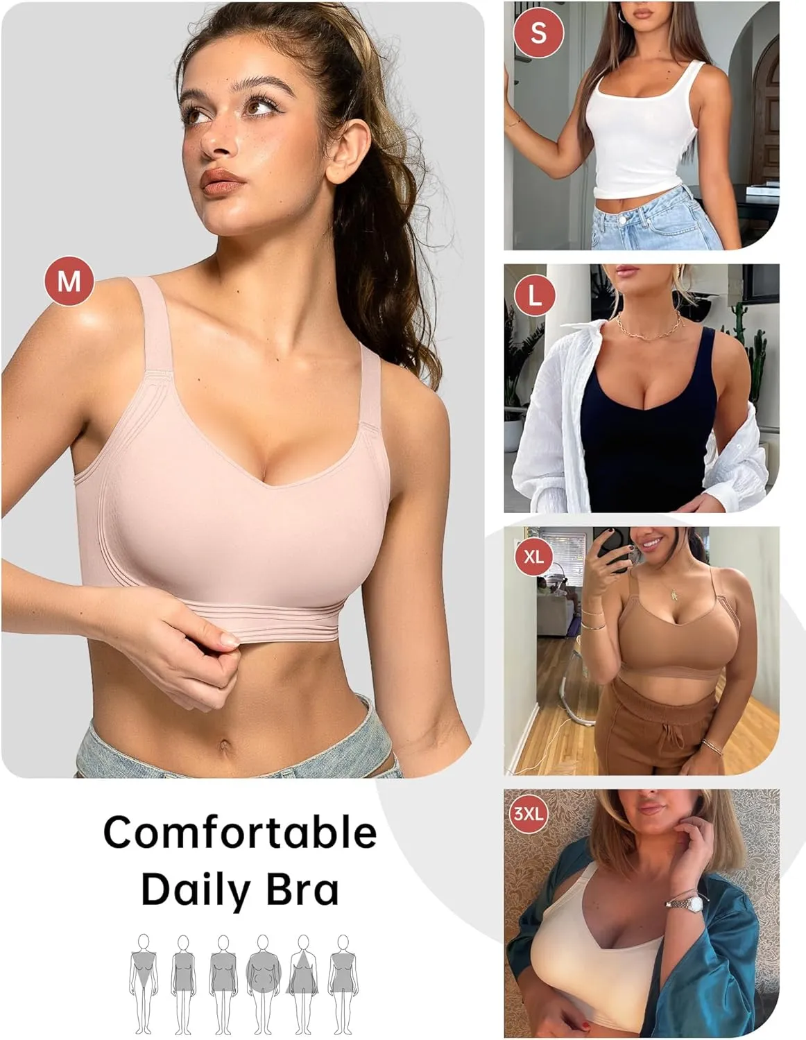 OEAK Womens Seamless Push Up Bras No Underwire Full Coverage Comfortable Bra V Neck Bralettes Wireless Everyday Bra