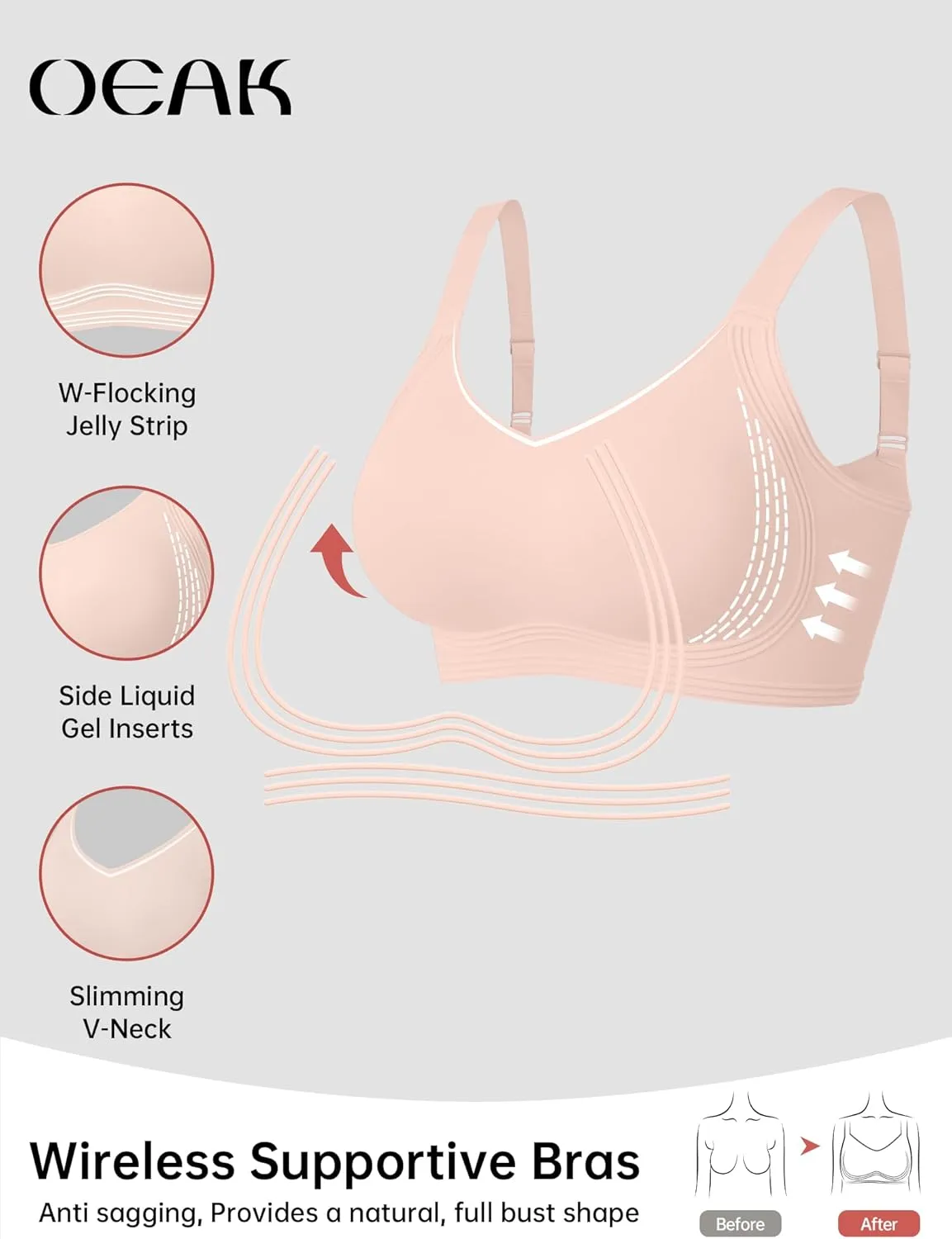 OEAK Womens Seamless Push Up Bras No Underwire Full Coverage Comfortable Bra V Neck Bralettes Wireless Everyday Bra