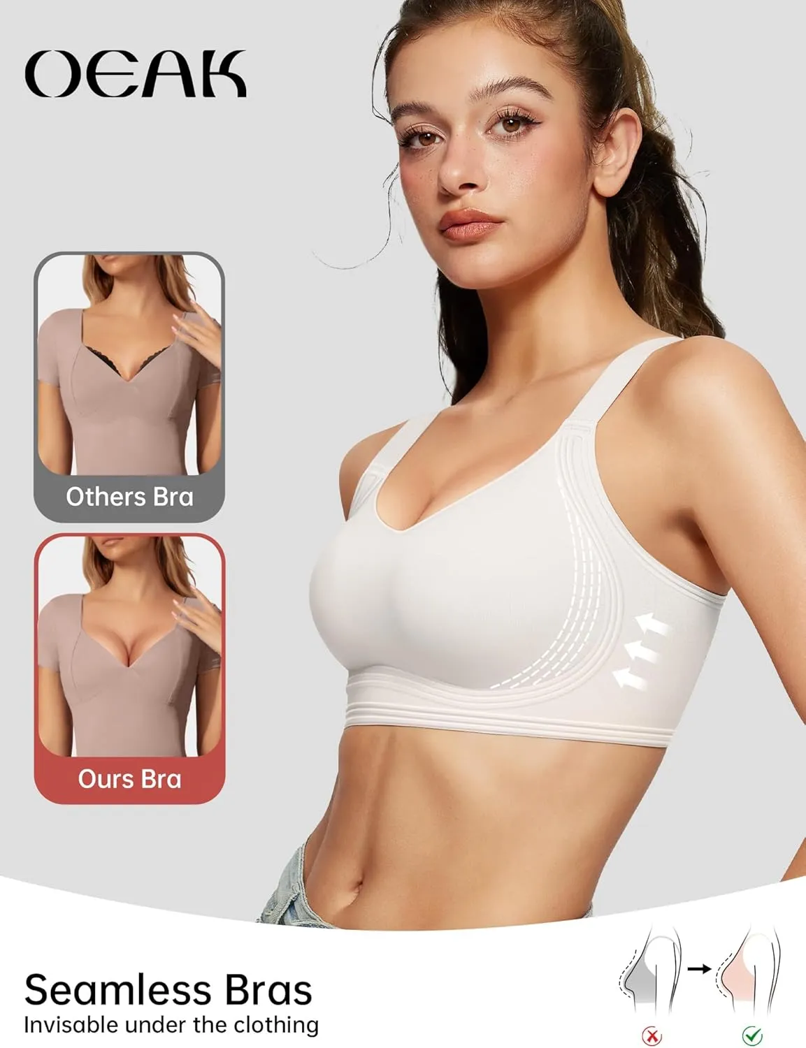 OEAK Womens Seamless Push Up Bras No Underwire Full Coverage Comfortable Bra V Neck Bralettes Wireless Everyday Bra