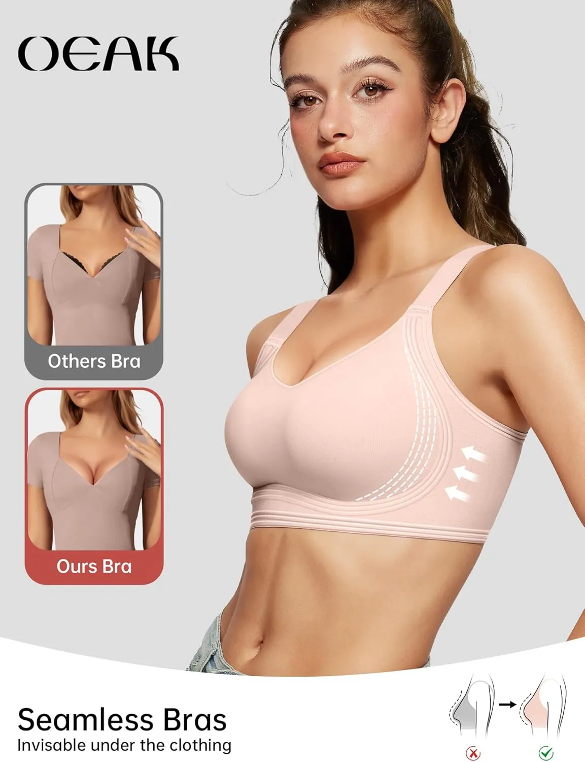 OEAK Womens Seamless Push Up Bras No Underwire Full Coverage Comfortable Bra V Neck Bralettes Wireless Everyday Bra