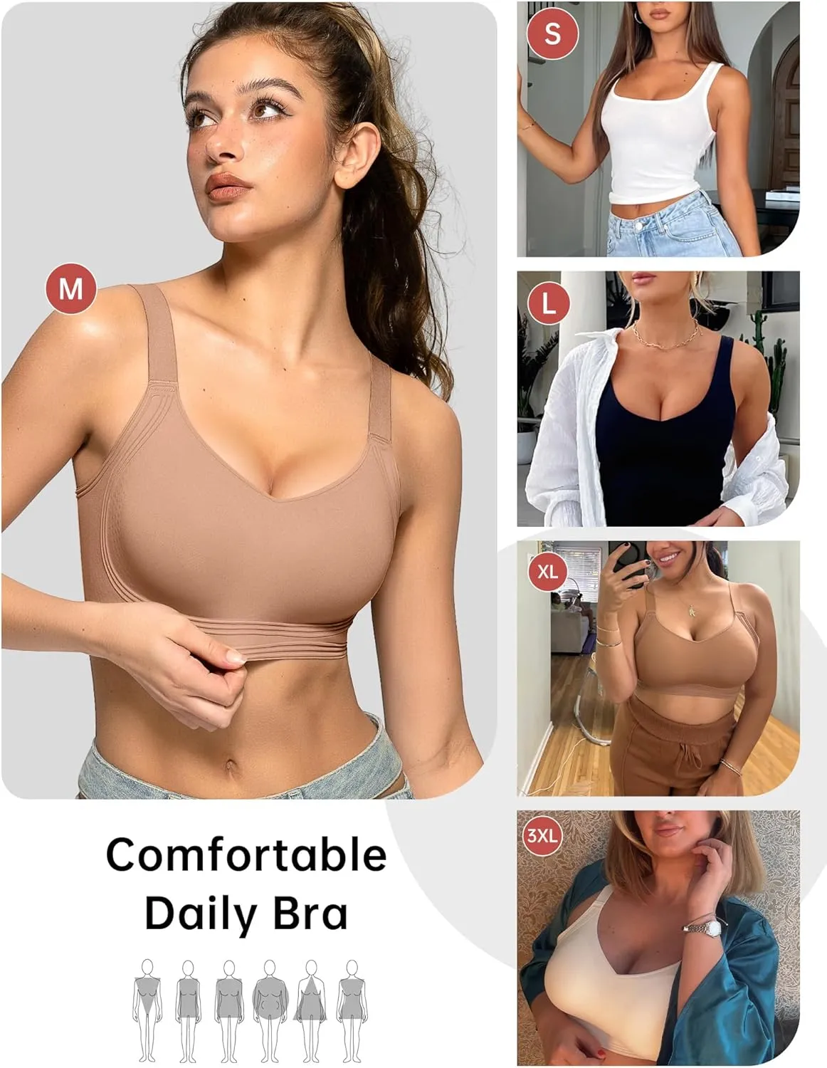 OEAK Womens Seamless Push Up Bras No Underwire Full Coverage Comfortable Bra V Neck Bralettes Wireless Everyday Bra