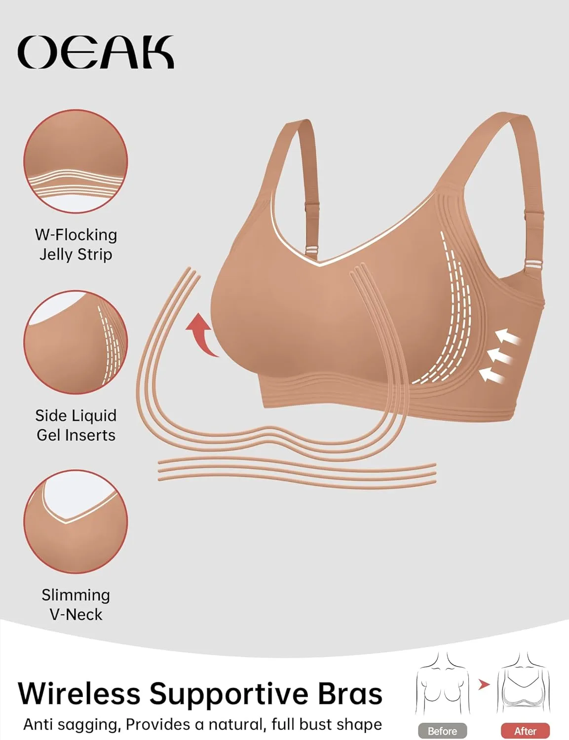 OEAK Womens Seamless Push Up Bras No Underwire Full Coverage Comfortable Bra V Neck Bralettes Wireless Everyday Bra