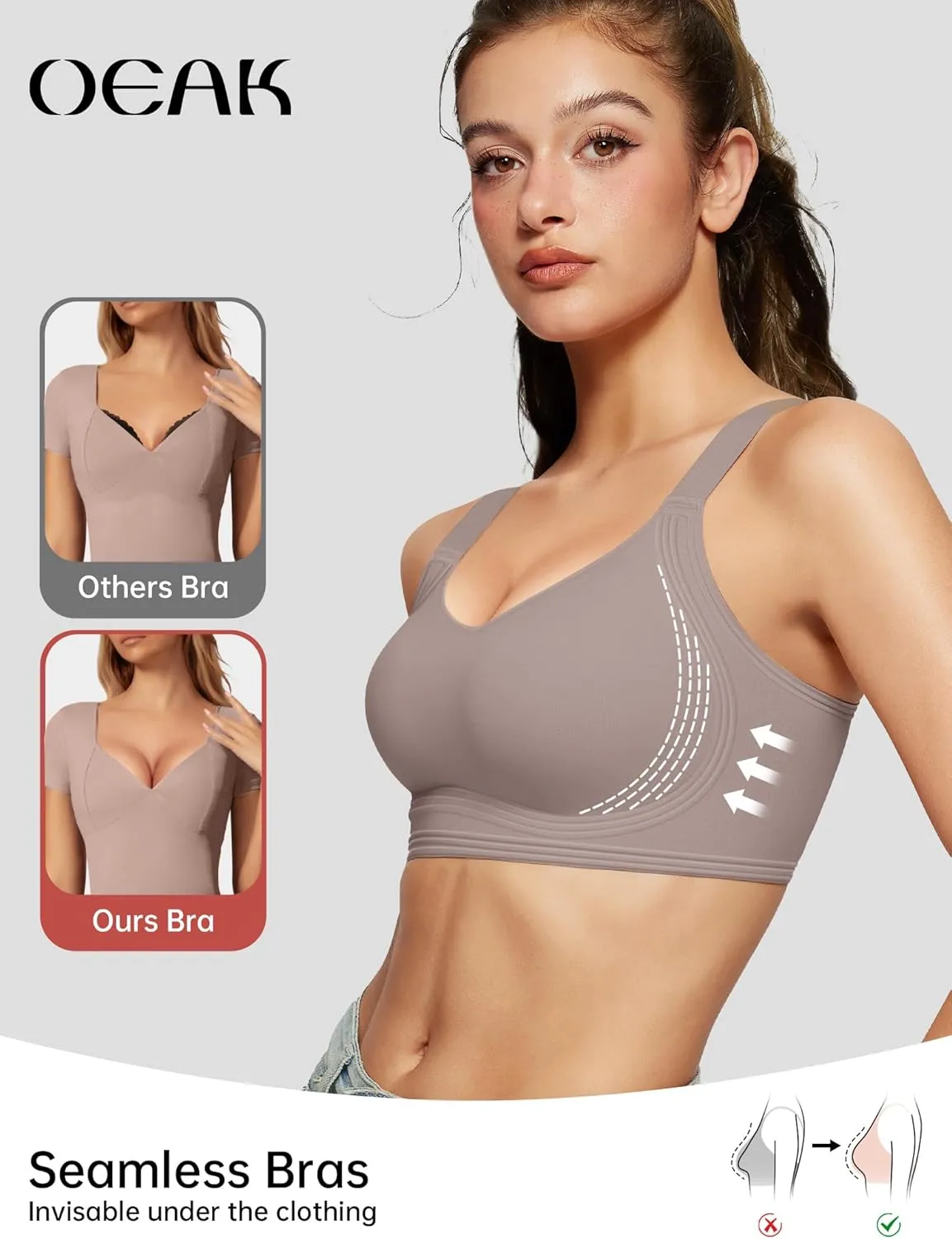 OEAK Womens Seamless Push Up Bras No Underwire Full Coverage Comfortable Bra V Neck Bralettes Wireless Everyday Bra