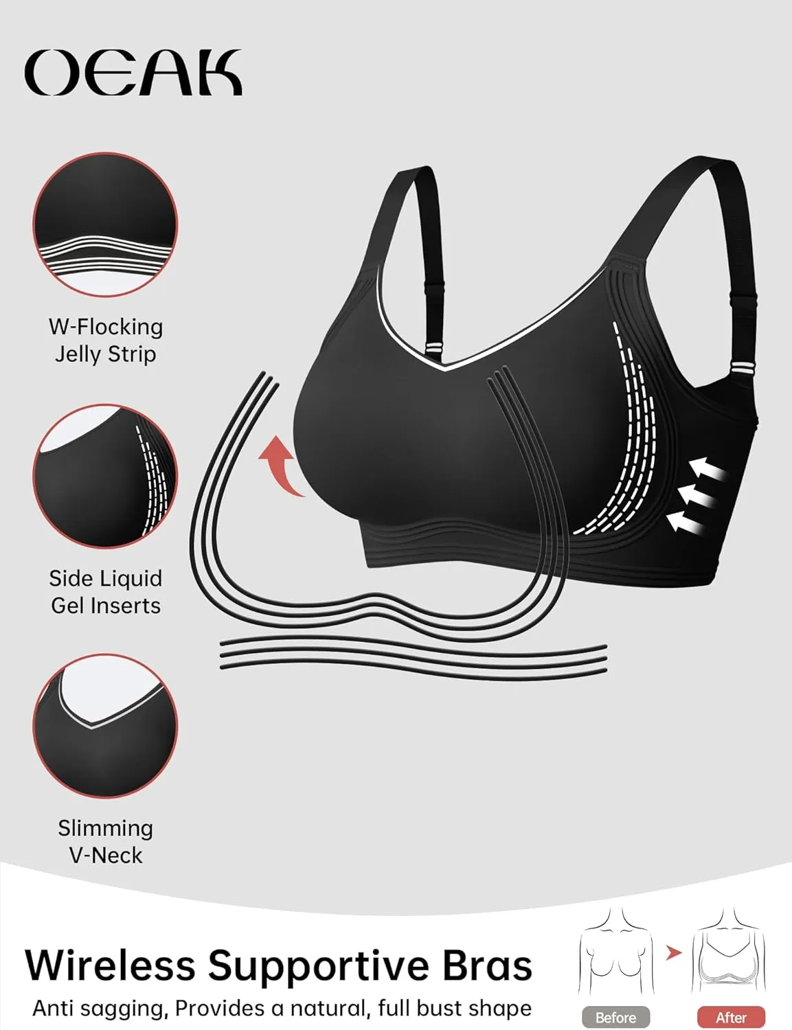 OEAK Womens Seamless Push Up Bras No Underwire Full Coverage Comfortable Bra V Neck Bralettes Wireless Everyday Bra