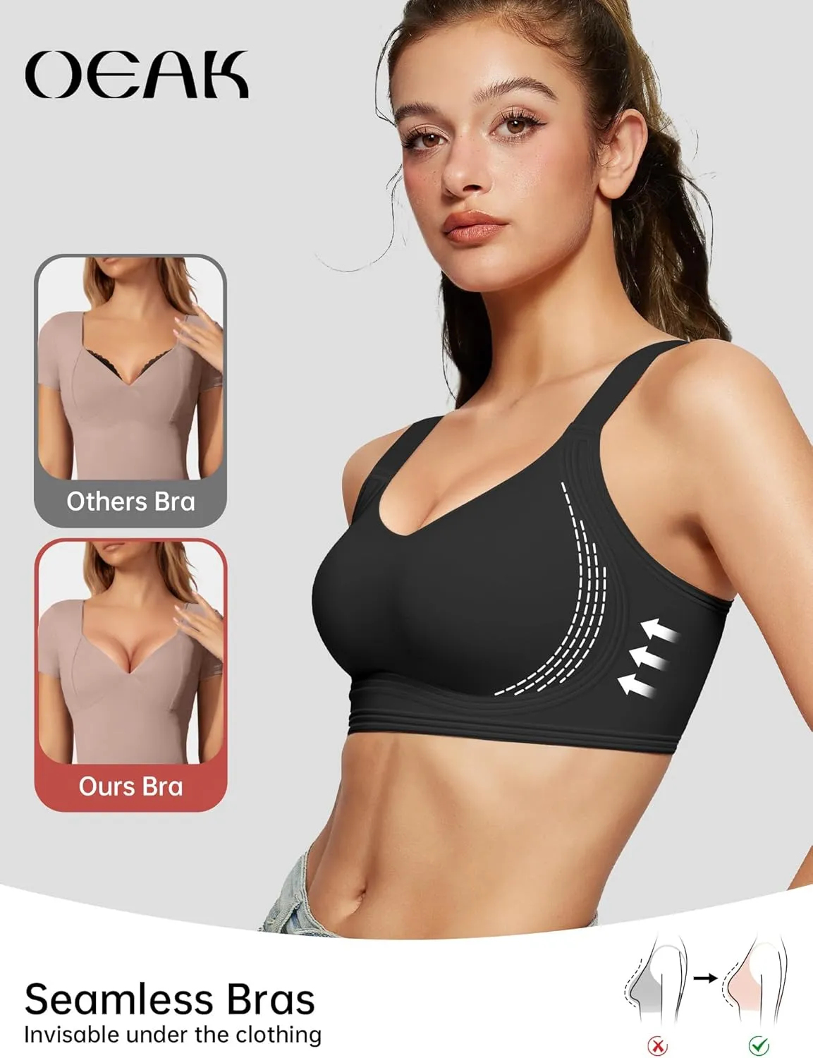 OEAK Womens Seamless Push Up Bras No Underwire Full Coverage Comfortable Bra V Neck Bralettes Wireless Everyday Bra
