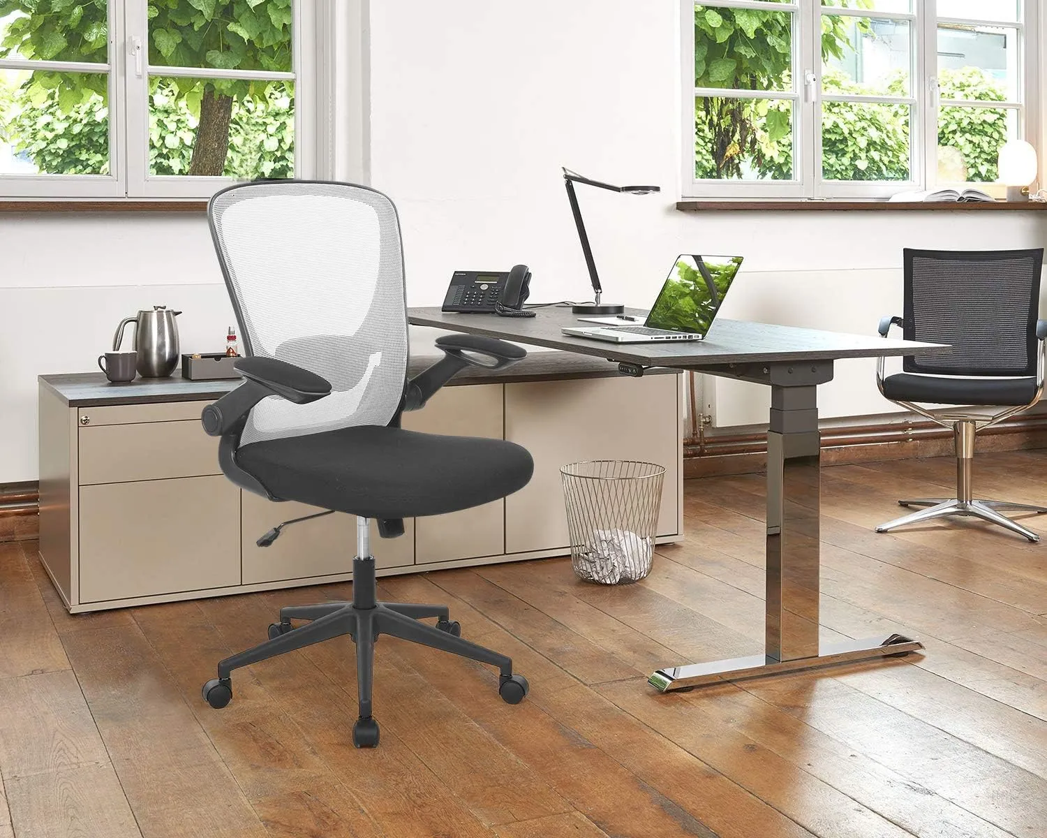 Office Chair Desk Computer Chair with Lumbar Support Flip-up Arms Swivel Rolling Executive Task Mesh Adjustable Ergonomic for Adults(White)