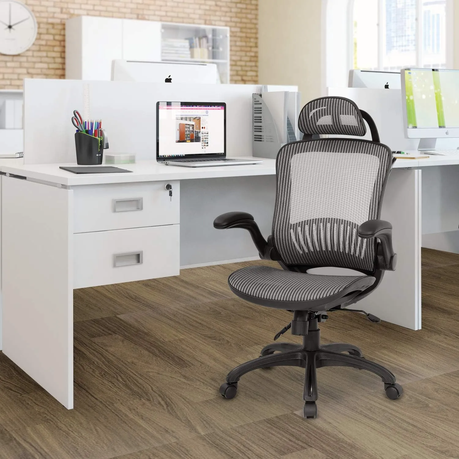 Office Chair Ergonomic Desk Chair Mesh Computer Chair with Lumbar Support Headrest Flip UP Arms Rolling Swivel Adjustable Task Chair for Adults,Grey