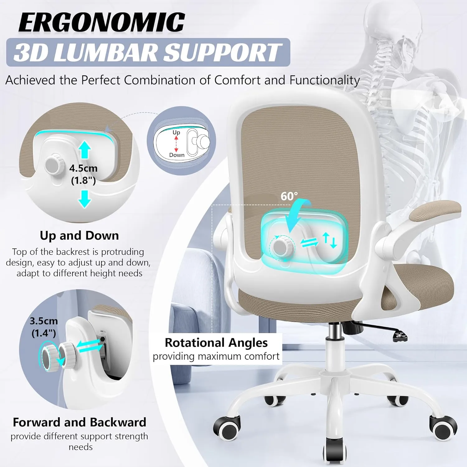 Office Chair Ergonomic Desk Chair with Adjustable 3D Lumbar Support and Height, Comfy Mesh Computer Chair with Flip-up Armrests, Swivel Rolling Task Chair with Wheels for Home Office (Khaki)