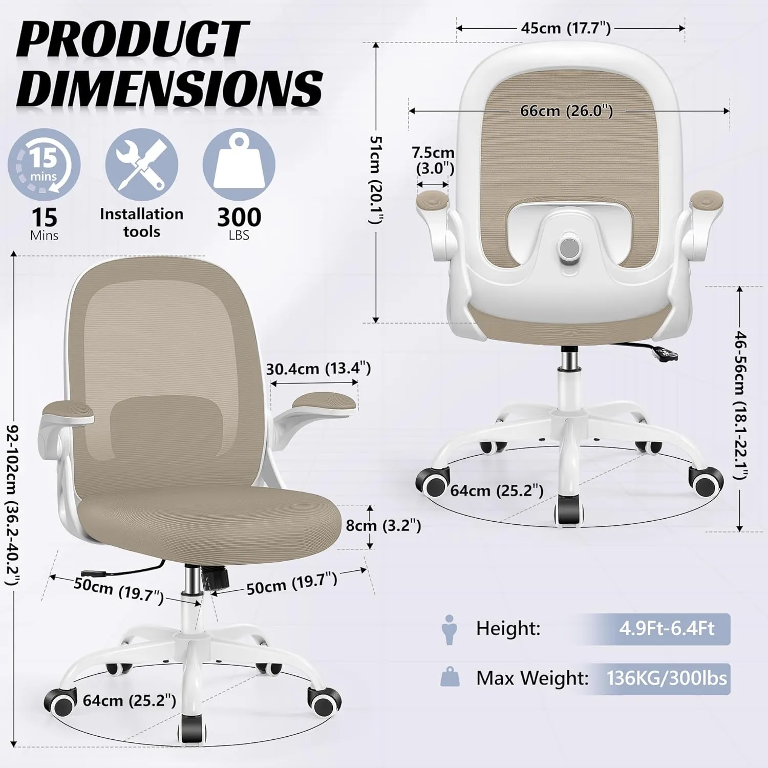 Office Chair Ergonomic Desk Chair with Adjustable 3D Lumbar Support and Height, Comfy Mesh Computer Chair with Flip-up Armrests, Swivel Rolling Task Chair with Wheels for Home Office (Khaki)