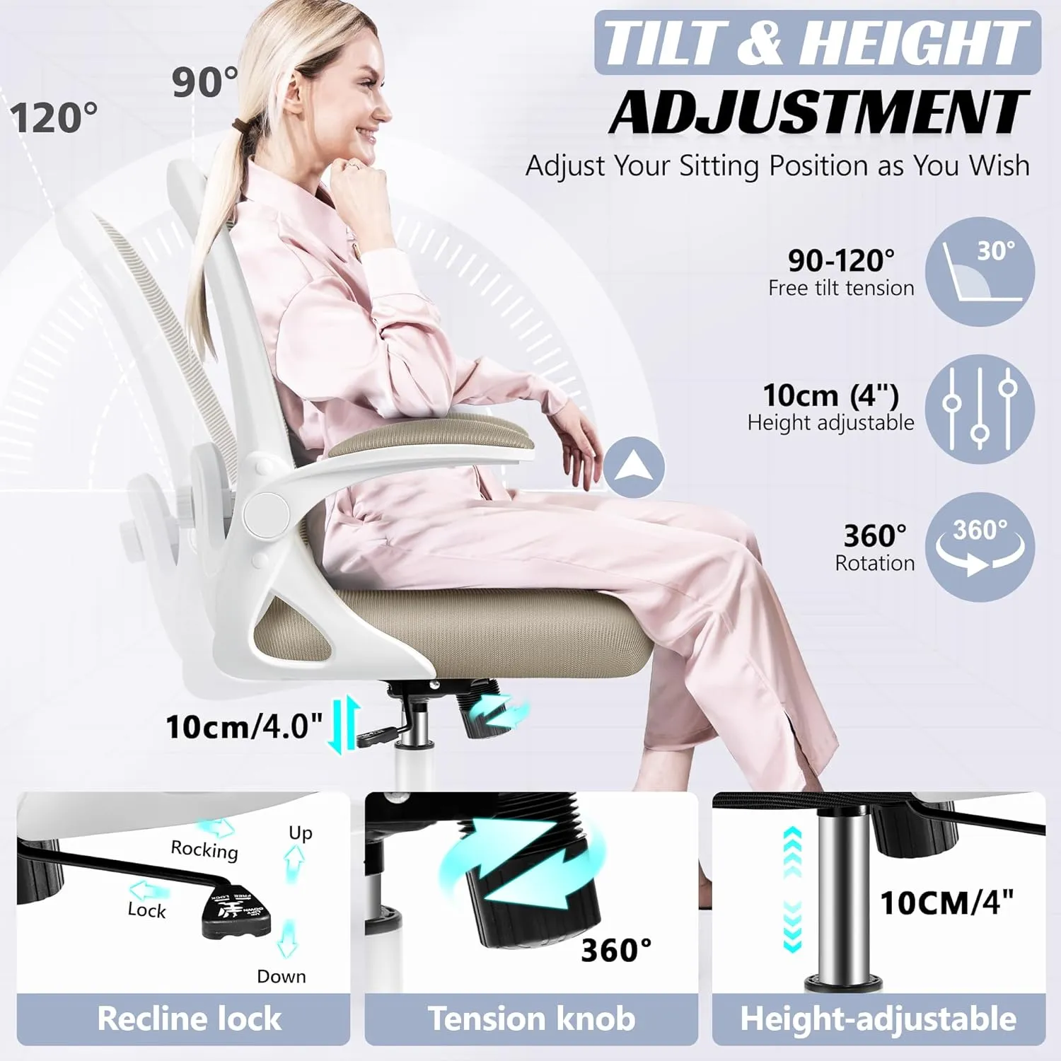 Office Chair Ergonomic Desk Chair with Adjustable 3D Lumbar Support and Height, Comfy Mesh Computer Chair with Flip-up Armrests, Swivel Rolling Task Chair with Wheels for Home Office (Khaki)