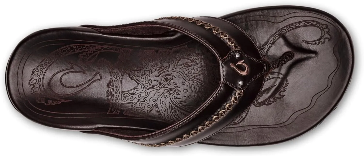 OLUKAI Mea Ola Men's Leather Beach Sandals, Soft & Durable Flip Flops, Arch Support & Comfort Fit, Enhanced Grip & Traction