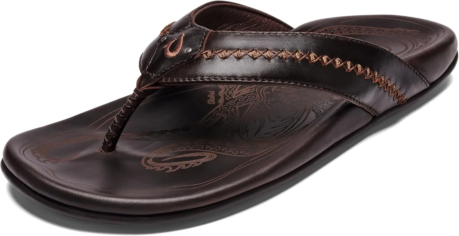 OLUKAI Mea Ola Men's Leather Beach Sandals, Soft & Durable Flip Flops, Arch Support & Comfort Fit, Enhanced Grip & Traction