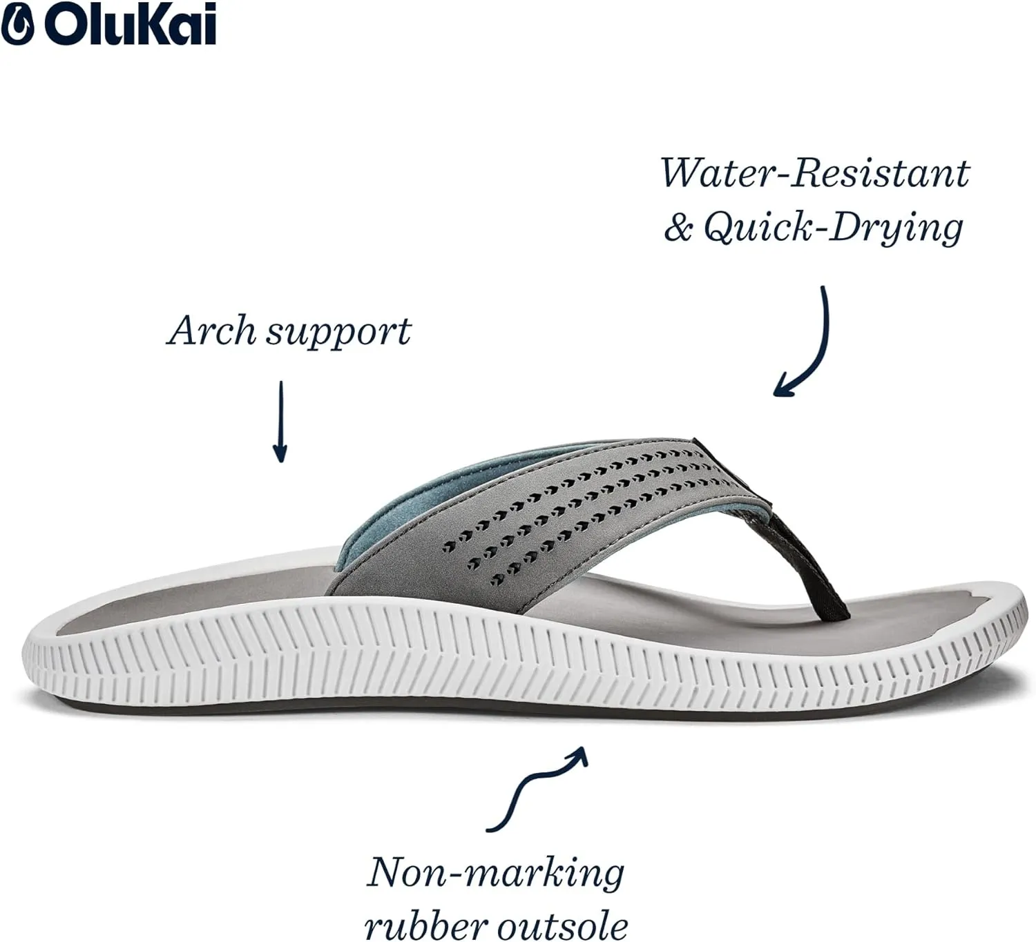OLUKAI Ulele Men's Beach Sandals, Water Resistant Flip Flops, Arch Support & Comfort Fit, Lightweight & Durable, Enhanced Grip & Traction