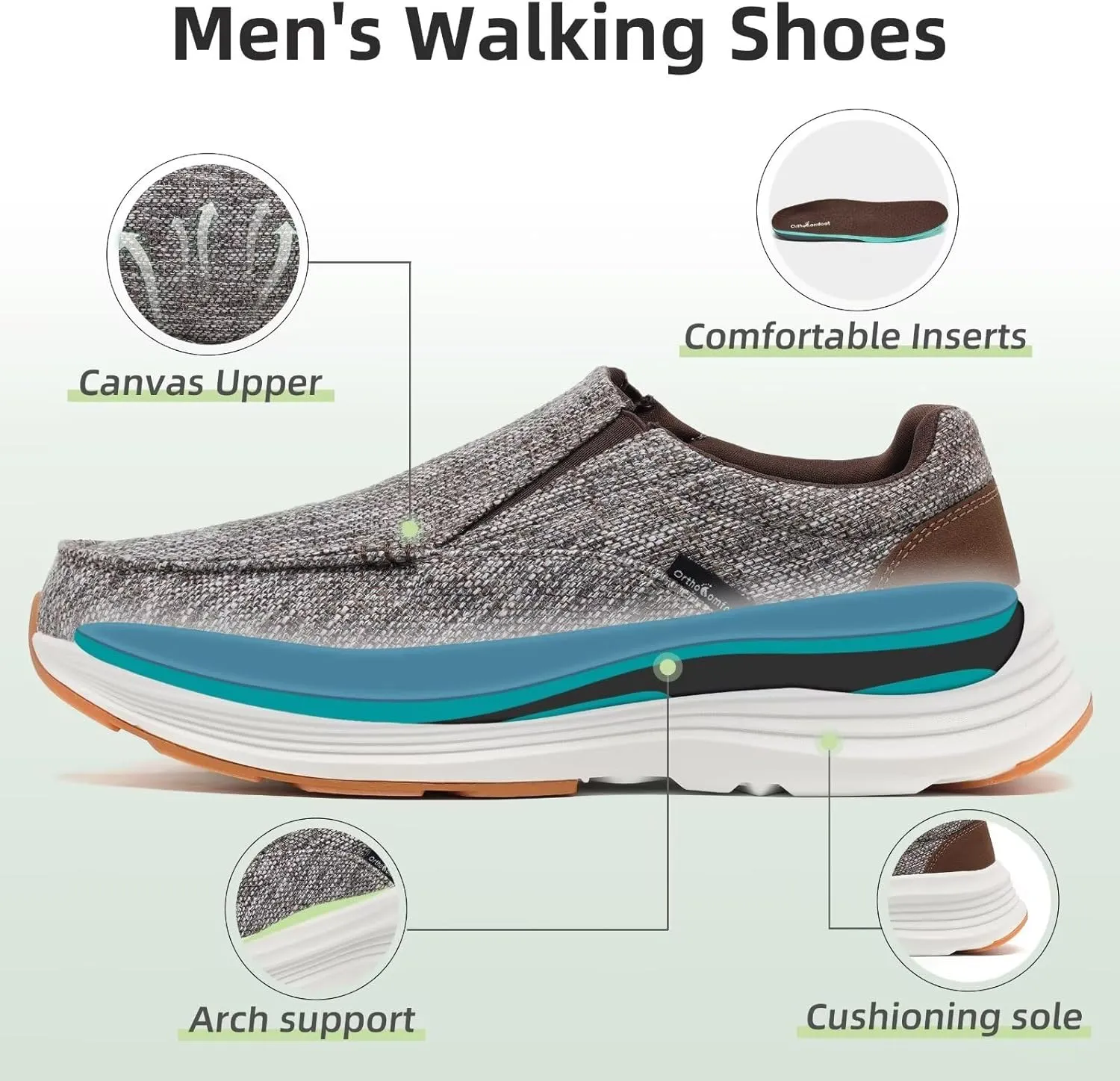 OrthoComfoot Men's Orthopedic Outdoor Slip-On Loafers Walking Shoes: Arch Support Plantar Fasciitis Sneakers, Comfort Classic Canvas Shoes for Foot and Heel Pain