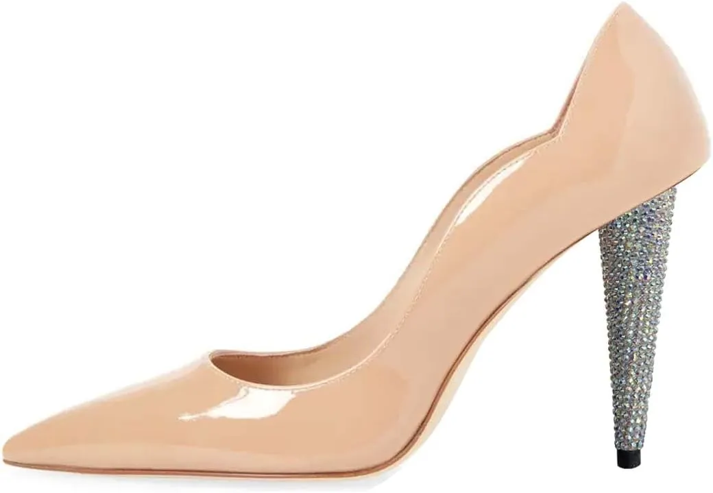 Pazzion Women Basic Closed Pointy Toe Cone Heel Pumps Rhinestone Slip On High Heels Fashion Commuting Office Shoes Size 4-16 US