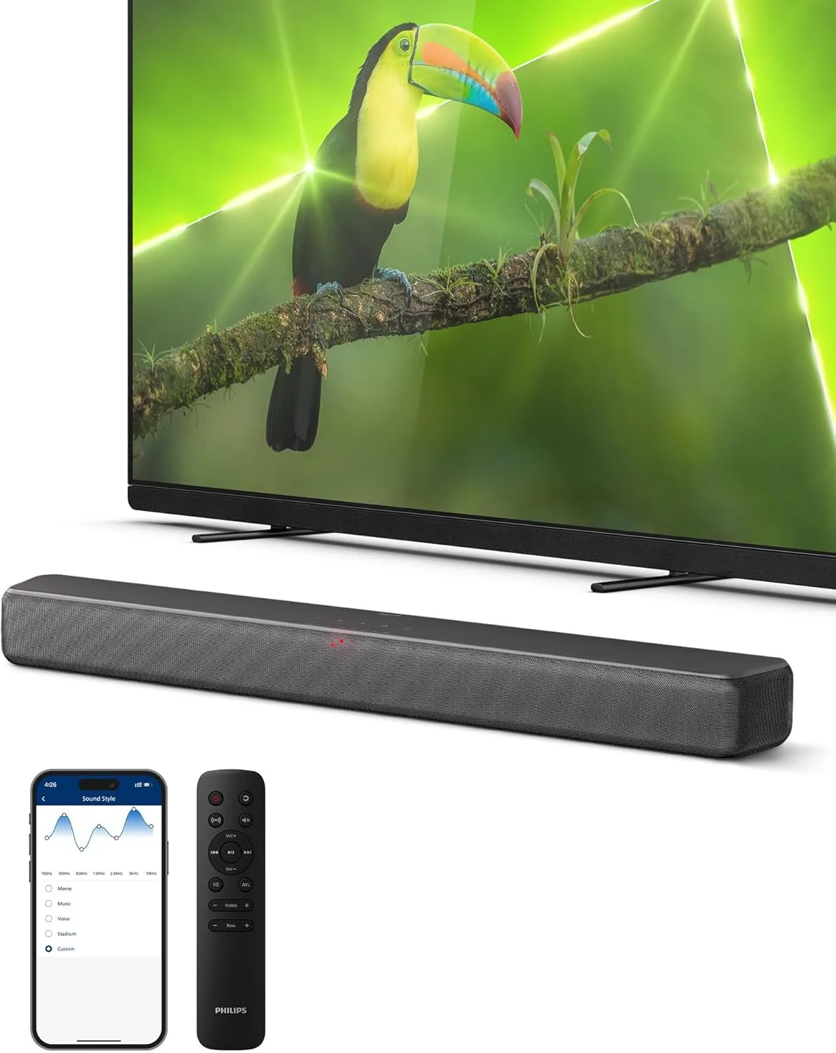 PHILIPS B5109 SoundBar for TV, 2.0 Channel Sound, DTS Virtual:X, Dolby Digital Plus,BT LE Audio, EQ Effects,Night Mode, Easy Setup, EasyLINK, Roku TV Ready, Remote/APP Control, Darkgrey