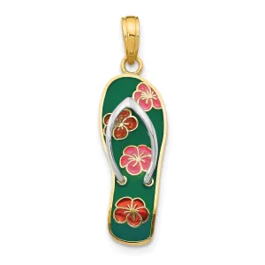 Pink And Red Flowers On Green Flip Flop Charm Pendant in Real 14k Multi-Tone Gold