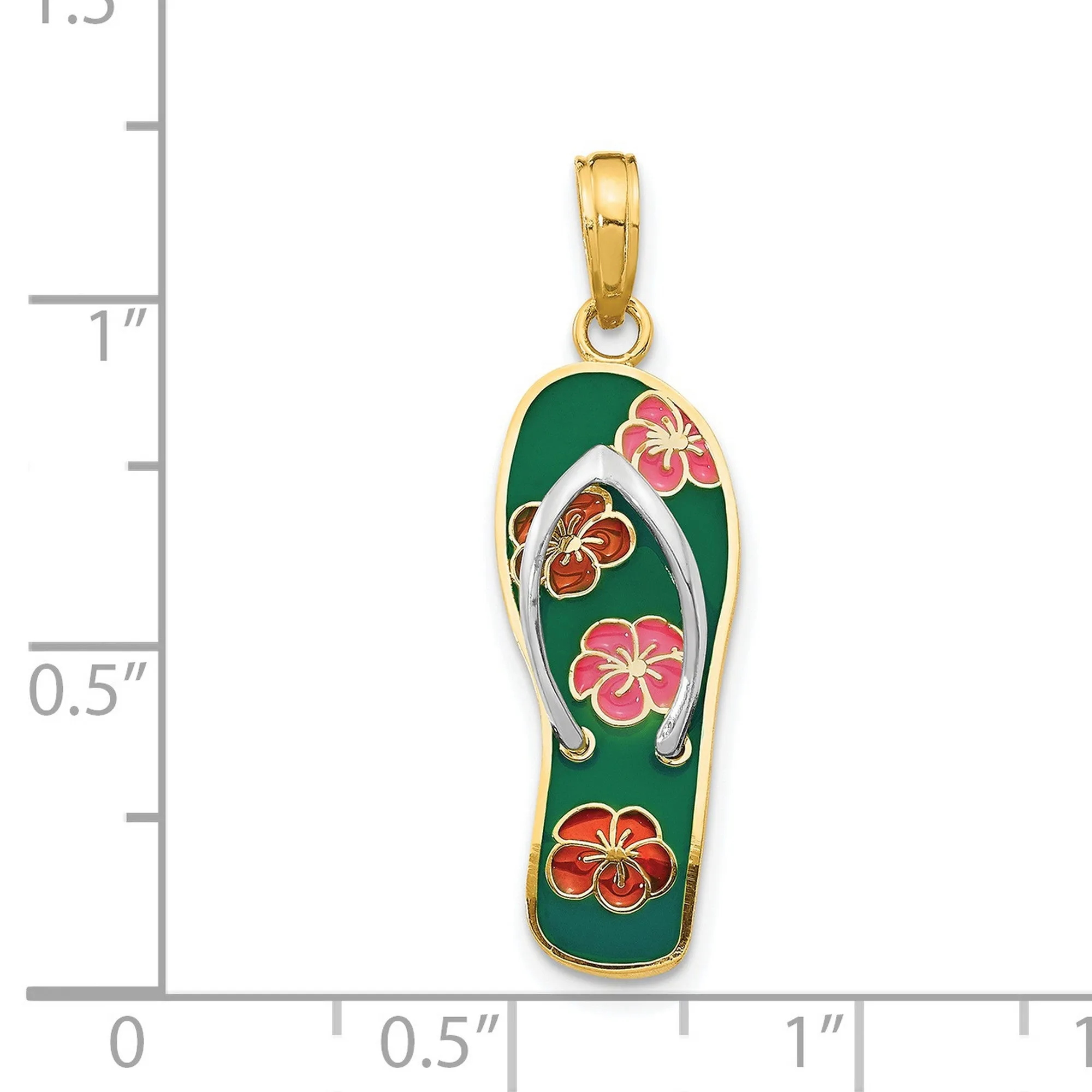 Pink And Red Flowers On Green Flip Flop Charm Pendant in Real 14k Multi-Tone Gold