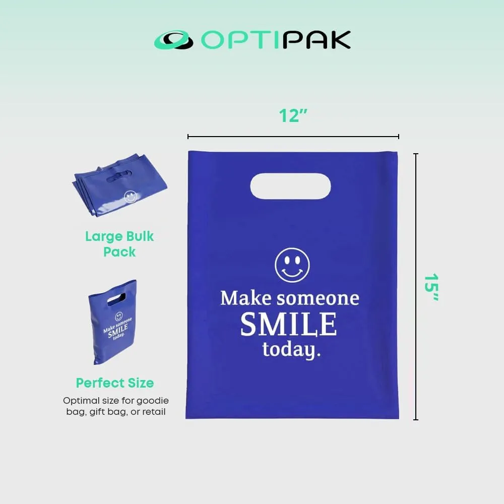 Plastic Bags with Handles – 12x15 Merchandise Bags for Small Business, Die-Cut Retail Boutique & Shopping Bag, Goodie Bag & Trade Show Supplies – Make Someone Smile Today (Pack of 100)