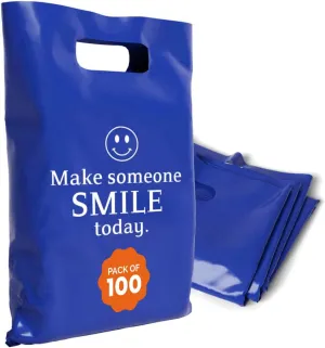 Plastic Bags with Handles – 12x15 Merchandise Bags for Small Business, Die-Cut Retail Boutique & Shopping Bag, Goodie Bag & Trade Show Supplies – Make Someone Smile Today (Pack of 100)