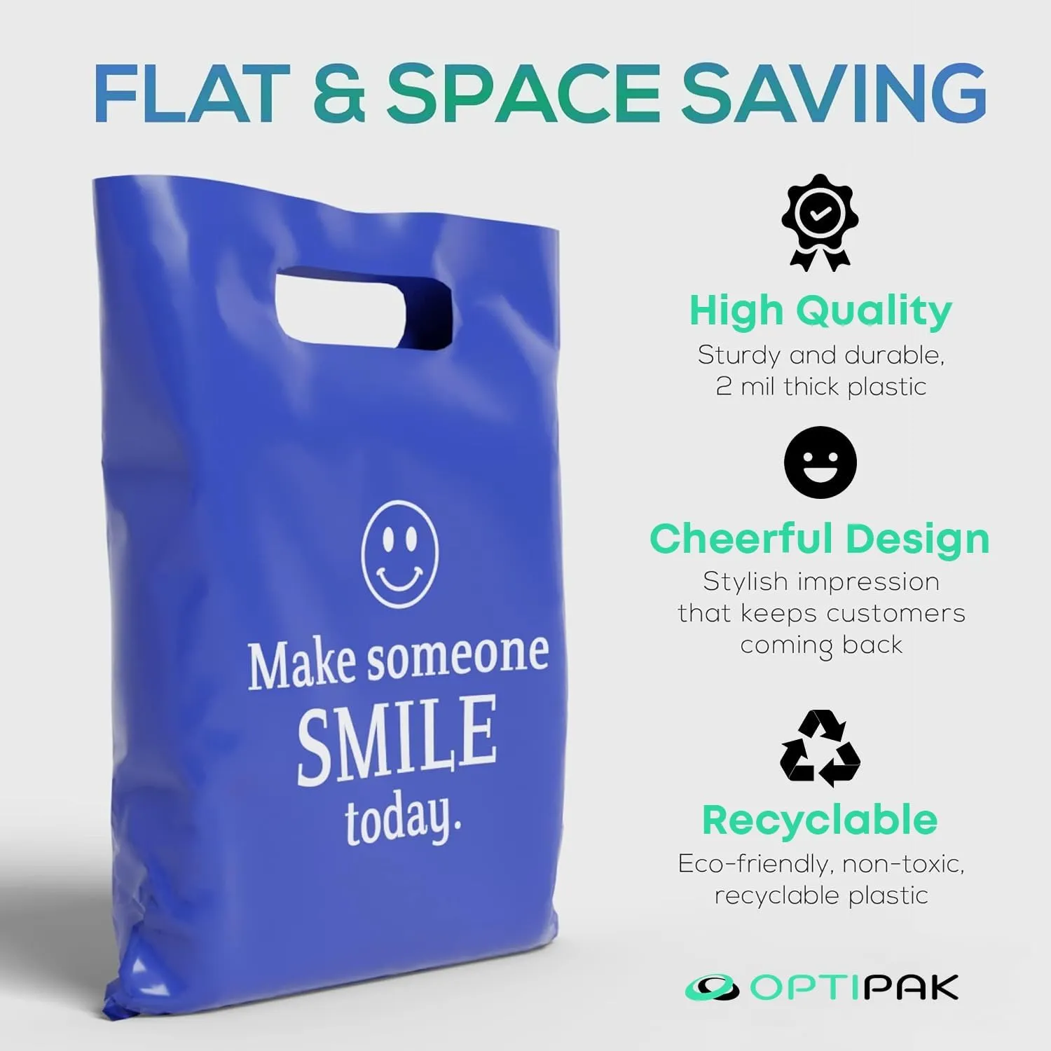 Plastic Bags with Handles – 12x15 Merchandise Bags for Small Business, Die-Cut Retail Boutique & Shopping Bag, Goodie Bag & Trade Show Supplies – Make Someone Smile Today (Pack of 100)