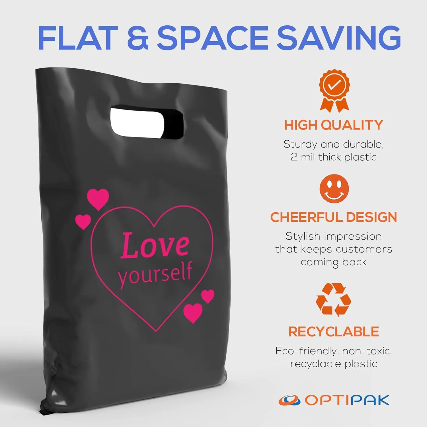 Plastic Bags with Handles,12x15 Merchandise Bags for Small Business,Die-Cut Retail Shopping & Boutique Bags,Cute & Classy Gift and Adult Goodie Bag,Love Yourself (Black, 50Pk)