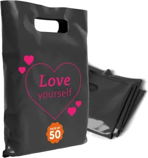 Plastic Bags with Handles,12x15 Merchandise Bags for Small Business,Die-Cut Retail Shopping & Boutique Bags,Cute & Classy Gift and Adult Goodie Bag,Love Yourself (Black, 50Pk)