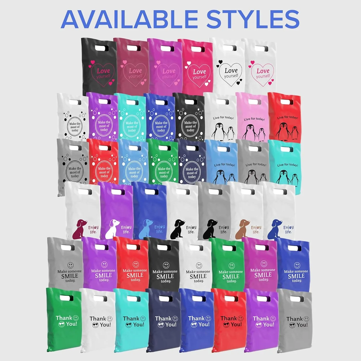 Plastic Bags with Handles,12x15 Merchandise Bags for Small Business,Die-Cut Retail Shopping & Boutique Bags,Cute & Classy Gift and Adult Goodie Bag,Love Yourself (Black, 50Pk)
