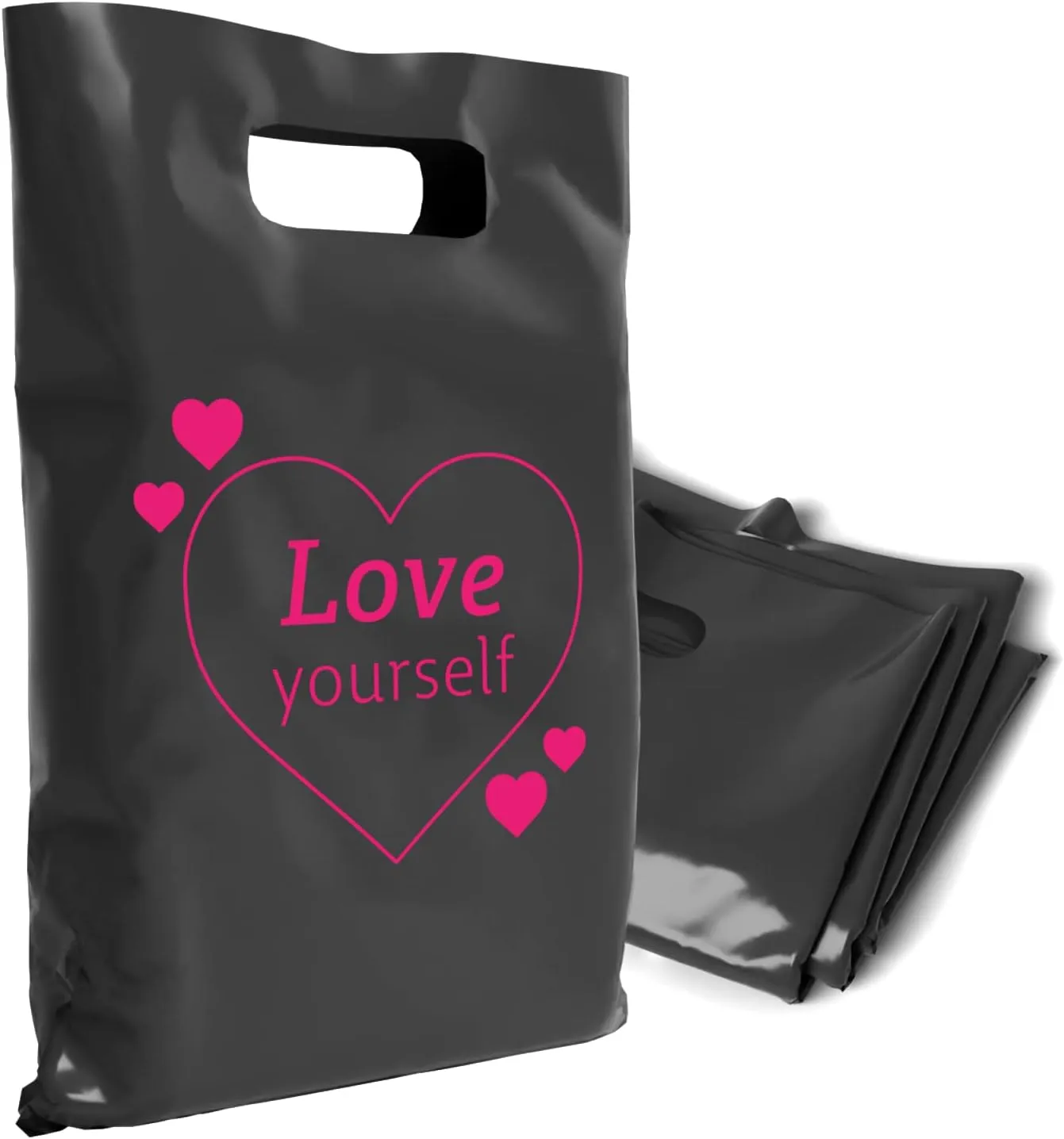 Plastic Bags with Handles,12x15 Merchandise Bags for Small Business,Die-Cut Retail Shopping & Boutique Bags,Cute & Classy Gift and Adult Goodie Bag,Love Yourself (Black, 50Pk)