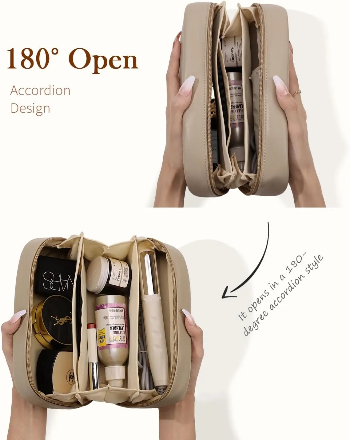 Pocmimut 2Pack Open Flat Small and Large Makeup Bags - Birthday & Christmas Gifts for Mom and Lover - Apricot