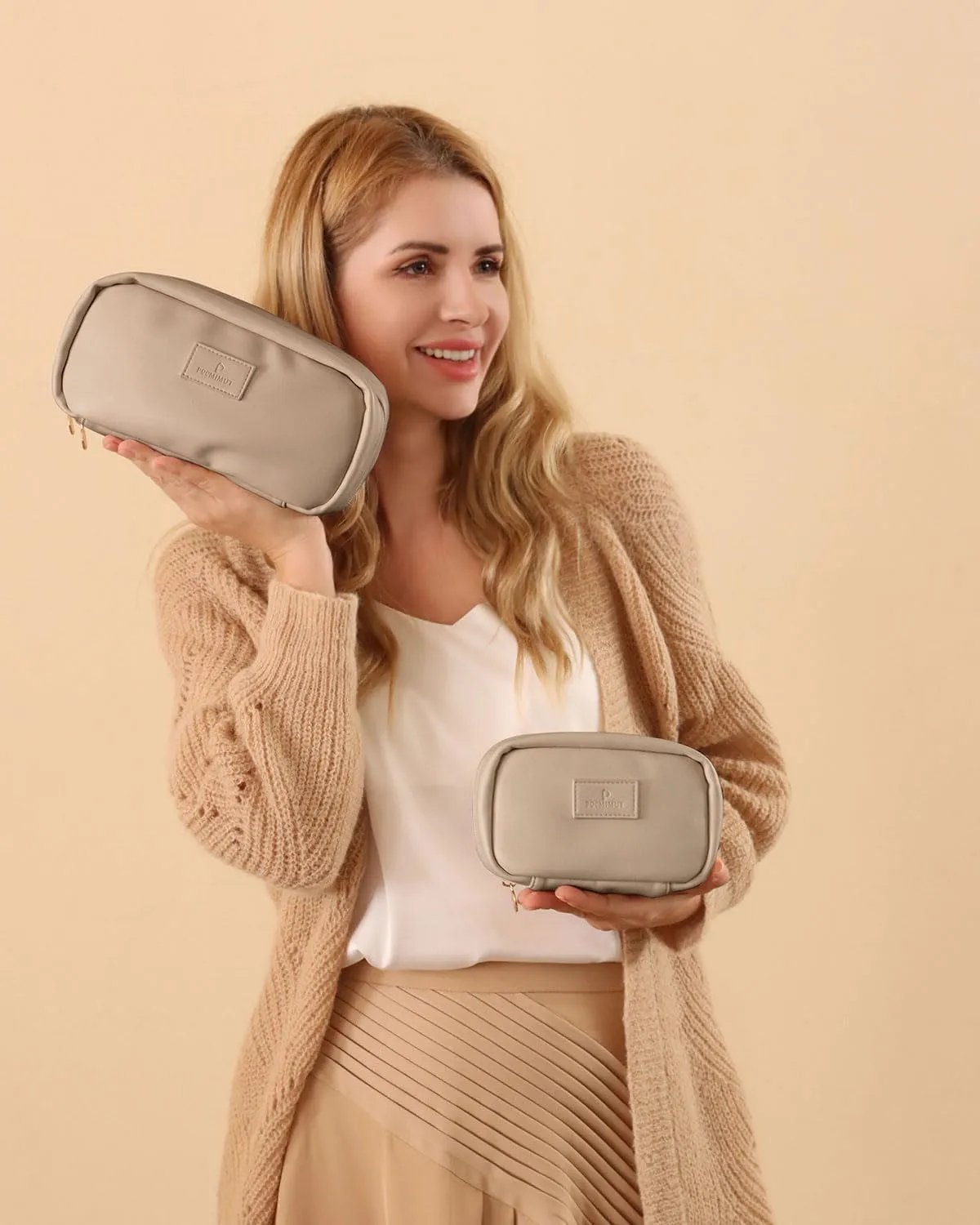 Pocmimut 2Pack Open Flat Small and Large Makeup Bags - Birthday & Christmas Gifts for Mom and Lover - Apricot