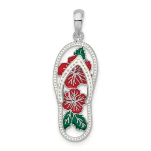 Polished Enameled Hibiscus Flower Flip-flop Charm Pendant in Real 925 Sterling Silver