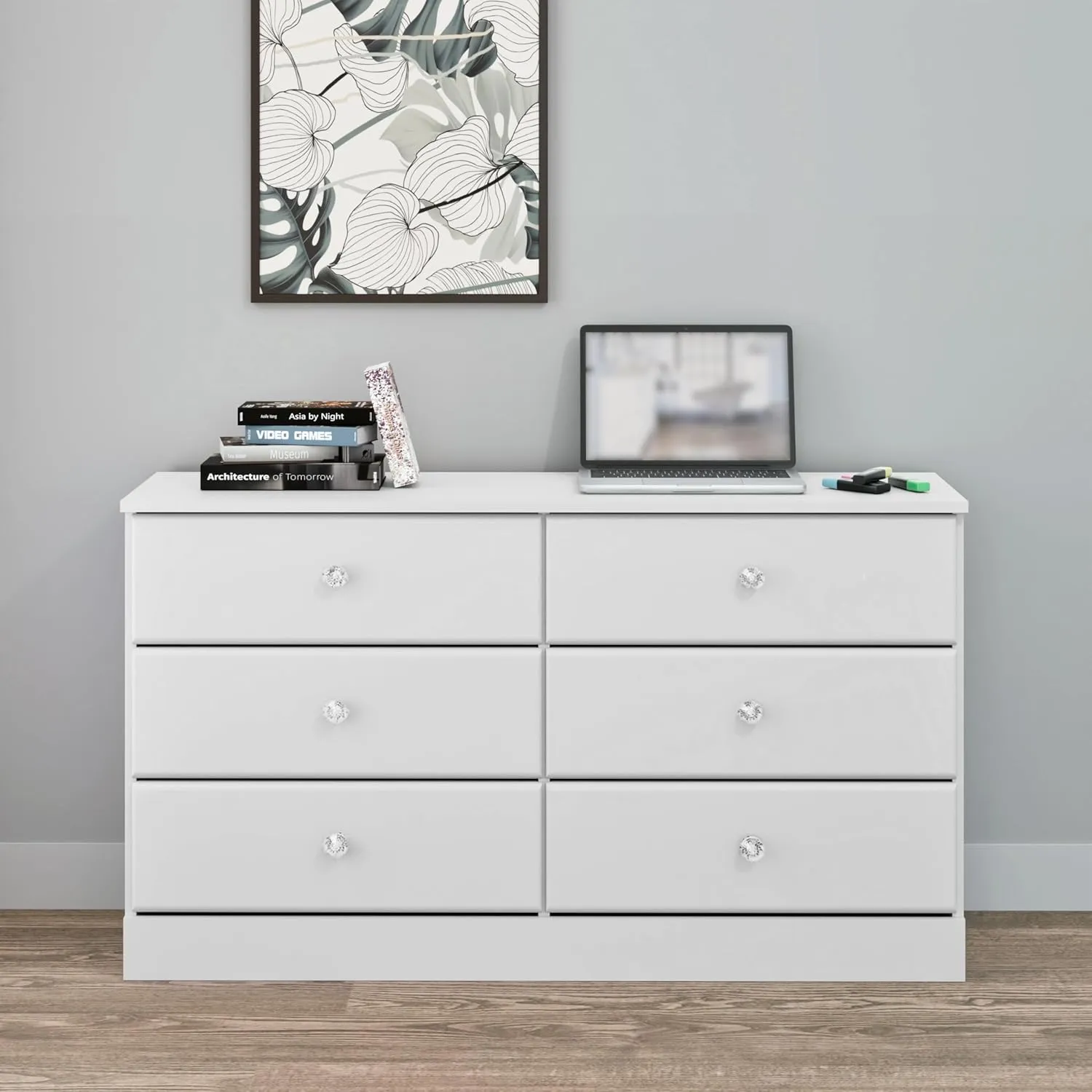Prepac Astrid 6 Drawer Double Dresser for Bedroom with Crystal Knobs, Wide Chest of Drawers, Bedroom Furniture, Clothes Storage and Organizer, 15.5" D x 47.5" W x 26.85" H, White