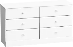 Prepac Astrid 6 Drawer Double Dresser for Bedroom with Crystal Knobs, Wide Chest of Drawers, Bedroom Furniture, Clothes Storage and Organizer, 15.5" D x 47.5" W x 26.85" H, White