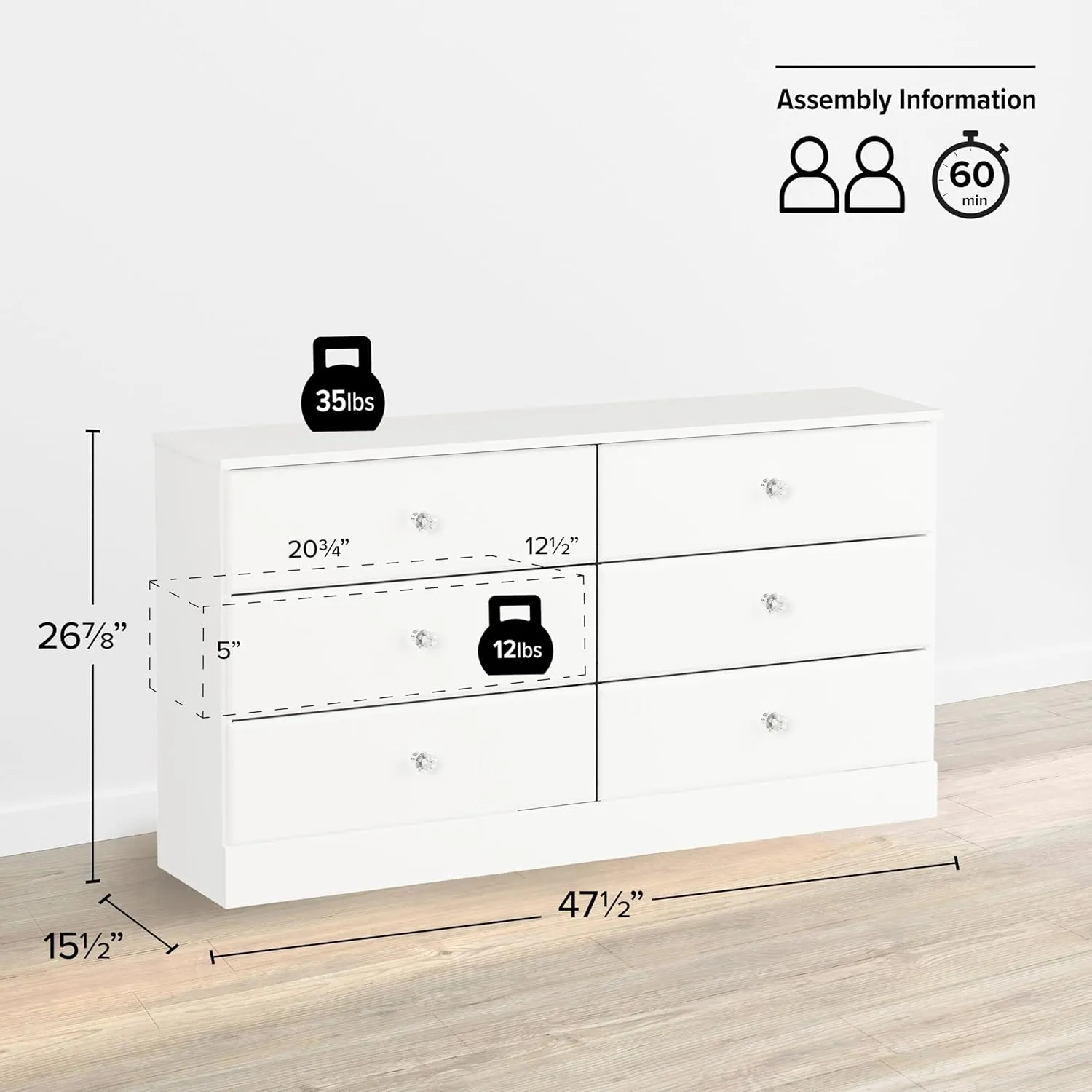 Prepac Astrid 6 Drawer Double Dresser for Bedroom with Crystal Knobs, Wide Chest of Drawers, Bedroom Furniture, Clothes Storage and Organizer, 15.5" D x 47.5" W x 26.85" H, White