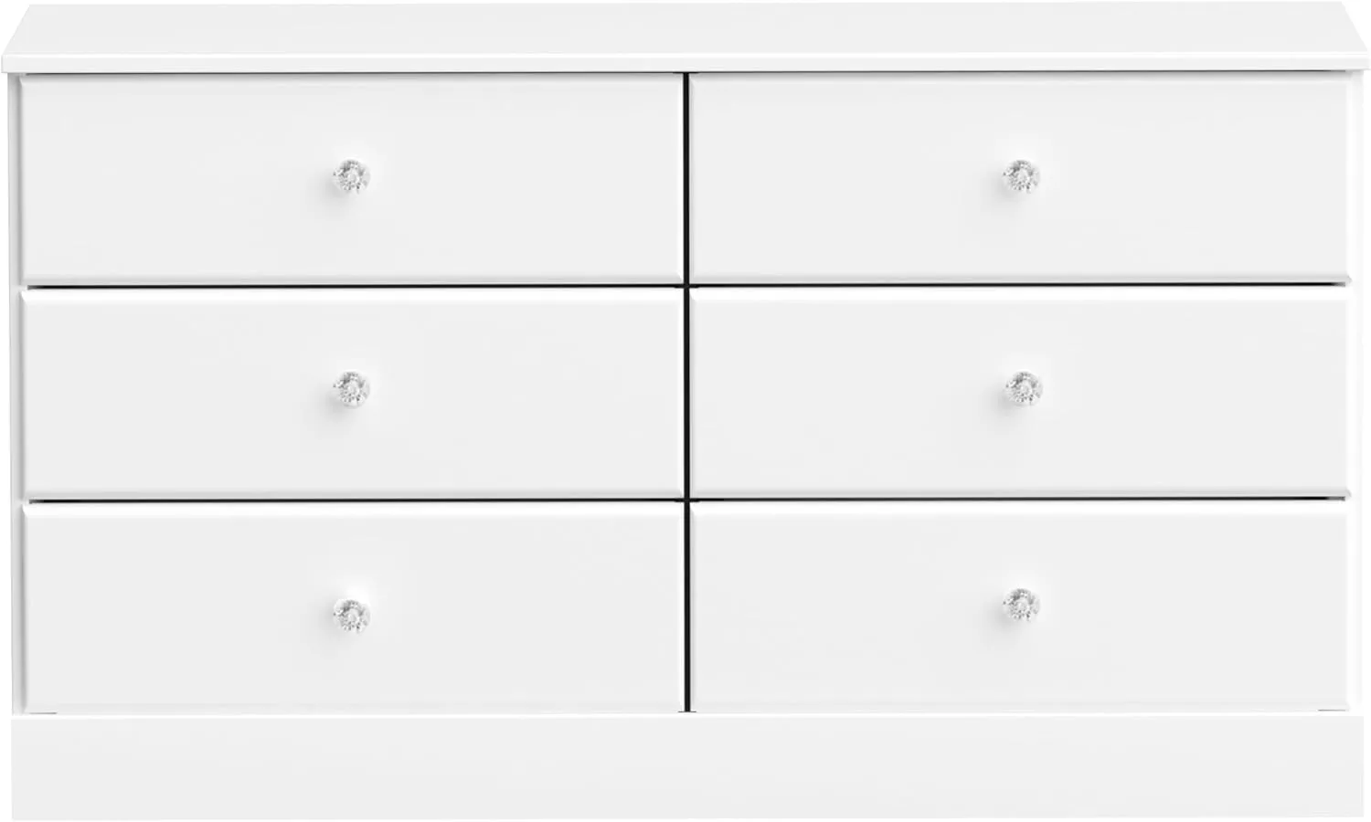 Prepac Astrid 6 Drawer Double Dresser for Bedroom with Crystal Knobs, Wide Chest of Drawers, Bedroom Furniture, Clothes Storage and Organizer, 15.5" D x 47.5" W x 26.85" H, White