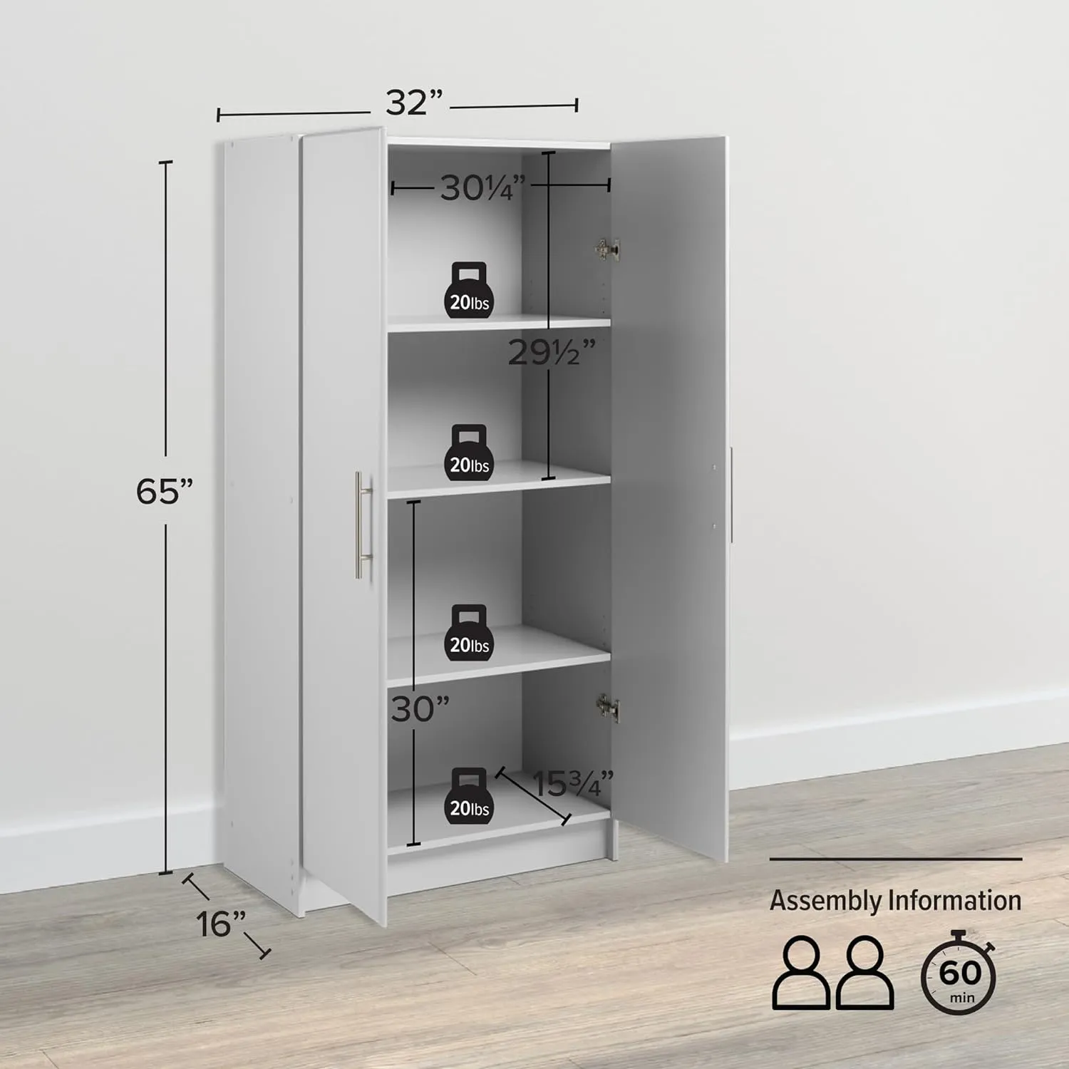 Prepac Elite Tall Garage Storage Cabinet & Pantry Storage Cupboard, 2-Door Freestanding Bathroom or Pantry Cabinet with Adjustable Shelves, 16" D x 32" W x 65" H, Light Gray