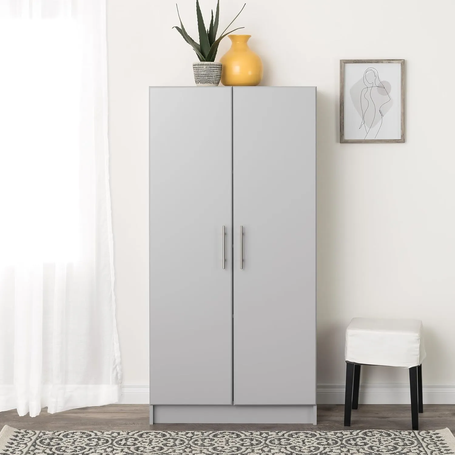 Prepac Elite Tall Garage Storage Cabinet & Pantry Storage Cupboard, 2-Door Freestanding Bathroom or Pantry Cabinet with Adjustable Shelves, 16" D x 32" W x 65" H, Light Gray