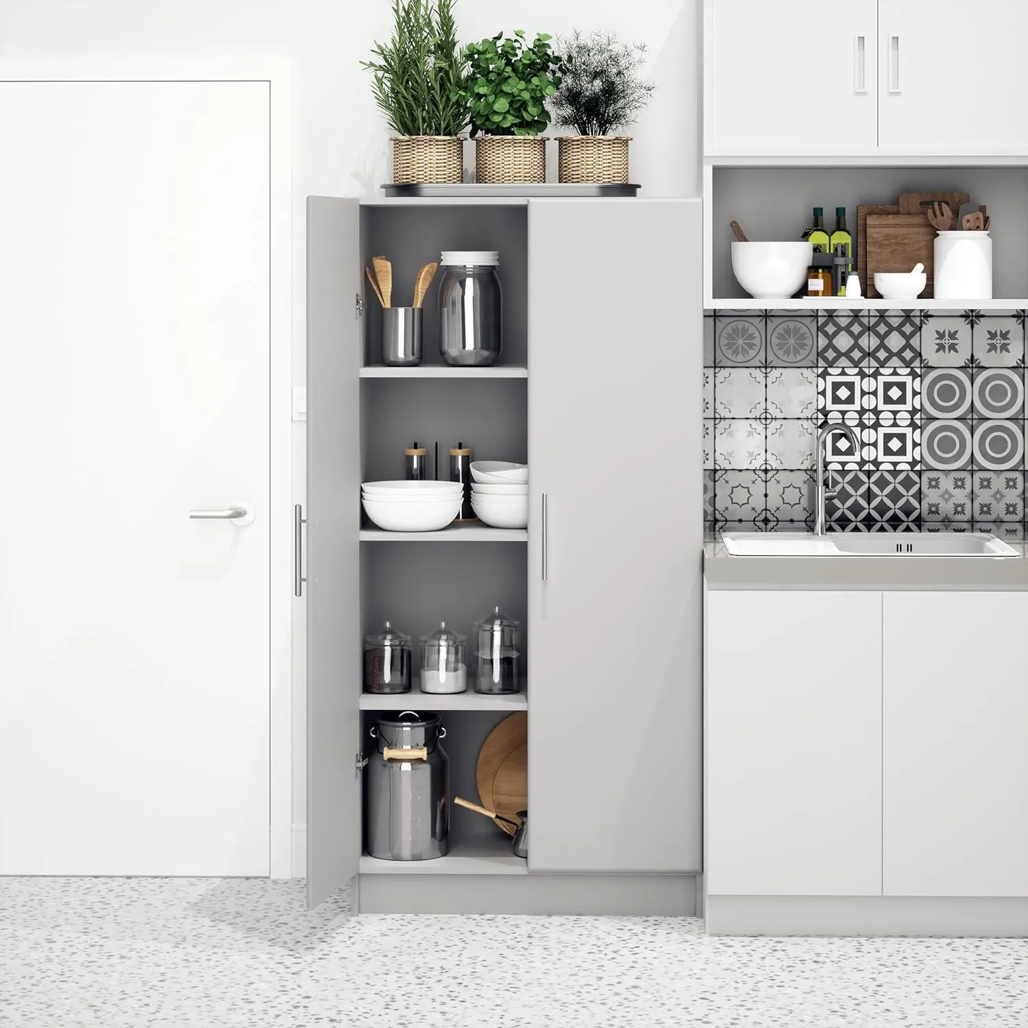 Prepac Elite Tall Garage Storage Cabinet & Pantry Storage Cupboard, 2-Door Freestanding Bathroom or Pantry Cabinet with Adjustable Shelves, 16" D x 32" W x 65" H, Light Gray
