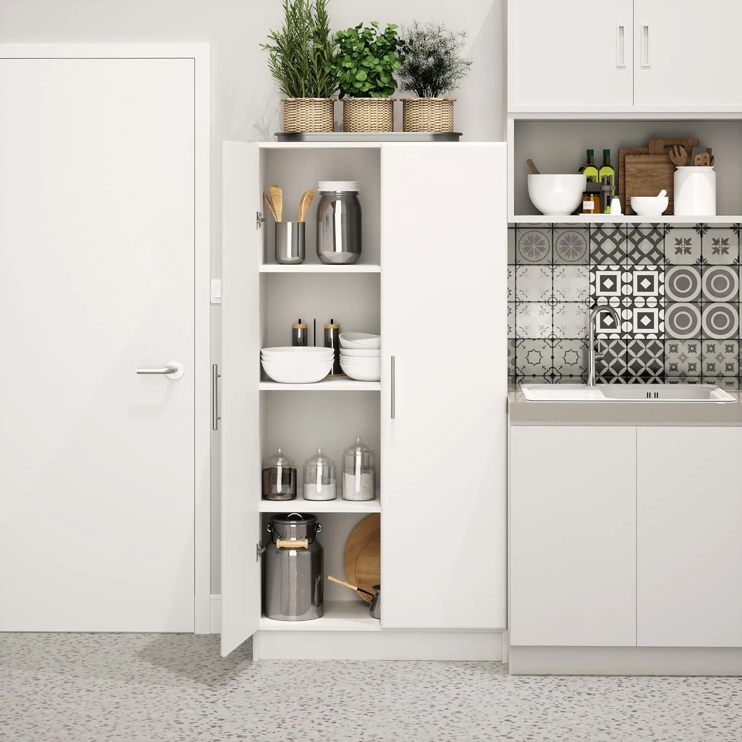 Prepac Elite Tall Garage Storage Cabinet & Pantry Storage Cupboard, 2-Door Freestanding Bathroom or Pantry Cabinet with Adjustable Shelves, 16" D x 32" W x 65" H, White